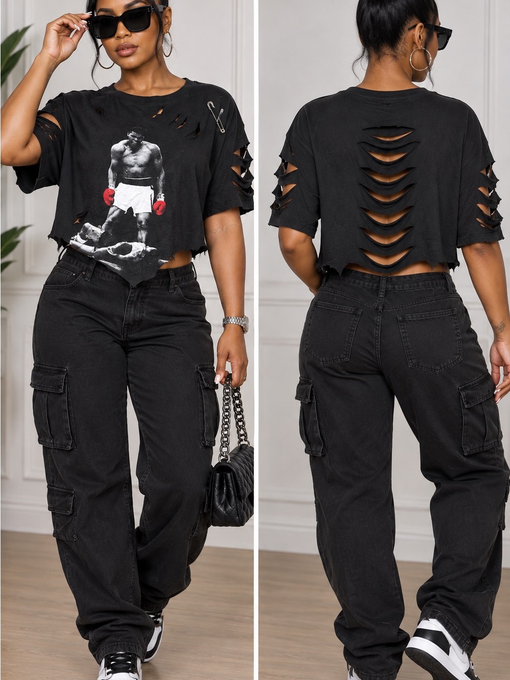 Upcycled Distressed Black Cropped Graphic ALI knock our Tee size XL